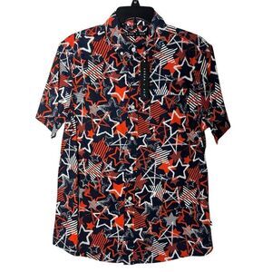 Edgar + Ash Mens M Stars Patriotic Button Up Short Sleeve Shirt Blue Orange New